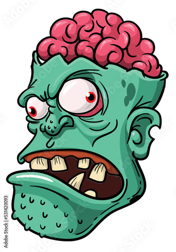 Cartoon funny green zombie character design with scary face expression. Halloween vector illustration isolated on white. Party poster or package design