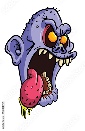 Cartoon funny green zombie character design with scary face expression. Halloween vector illustration isolated on white. Party poster or package design