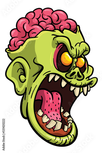 Cartoon funny green zombie character design with scary face expression. Halloween vector illustration isolated on white. Party poster or package design
