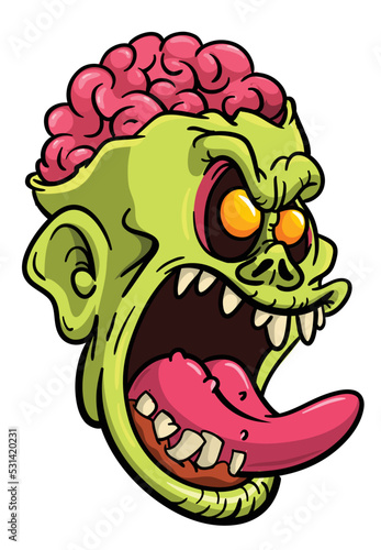 Cartoon funny green zombie character design with scary face expression. Halloween vector illustration isolated on white. Party poster or package design