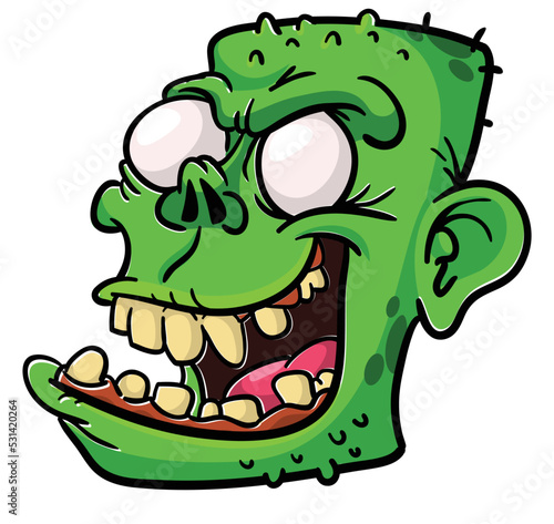 Cartoon funny green zombie character design with scary face expression. Halloween vector illustration isolated on white. Party poster or package design