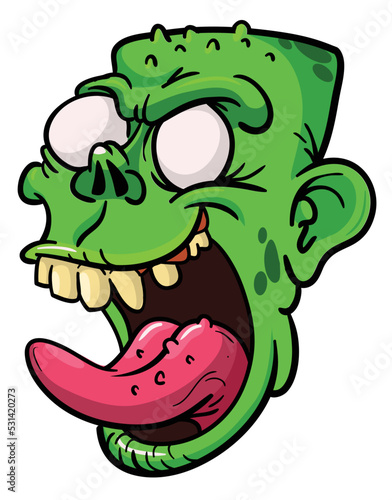 Cartoon funny green zombie character design with scary face expression. Halloween vector illustration isolated on white. Party poster or package design