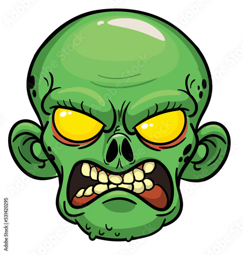 Cartoon funny green zombie character design with scary face expression. Halloween vector illustration isolated on white. Party poster or package design