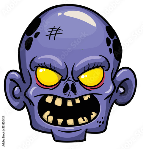 Cartoon funny green zombie character design with scary face expression. Halloween vector illustration isolated on white. Party poster or package design