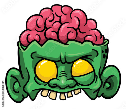 Cartoon funny green zombie character design with scary face expression. Halloween vector illustration isolated on white. Party poster or package design