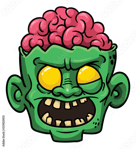 Cartoon funny green zombie character design with scary face expression. Halloween vector illustration isolated on white. Party poster or package design