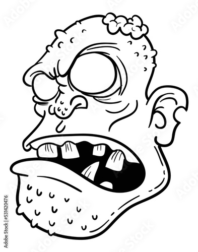 Cartoon funny green zombie character design with scary face expression. Halloween vector illustration isolated on white. Party poster or package design