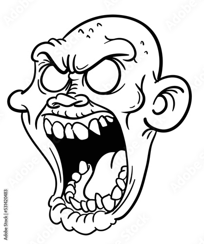 Cartoon funny green zombie character design with scary face expression. Halloween vector illustration isolated on white. Party poster or package design