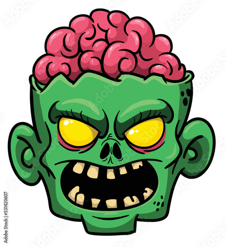 Cartoon funny green zombie character design with scary face expression. Halloween vector illustration isolated on white. Party poster or package design