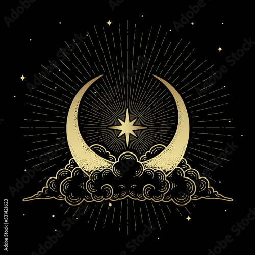 Crescent moon accompanied by clouds and stars