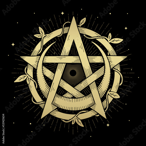 Pentacle and moon decorated with plants and leaves