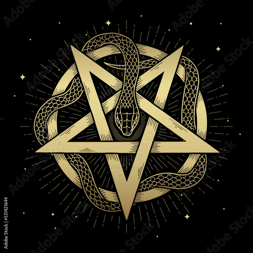 Gold pentagram symbol wrapped by snake