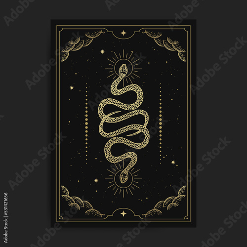 Gold colored magical twin snakes with hand drawn style