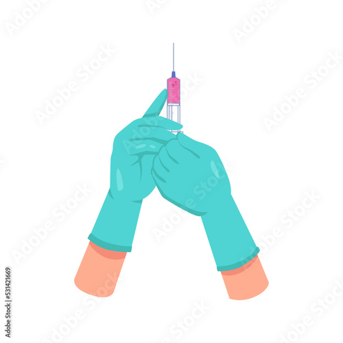 Hands of doctor holding syringe filled with vaccine. Vaccination and injection in clinics. Sterile shot, preventive measures. Vector in flat cartoon style