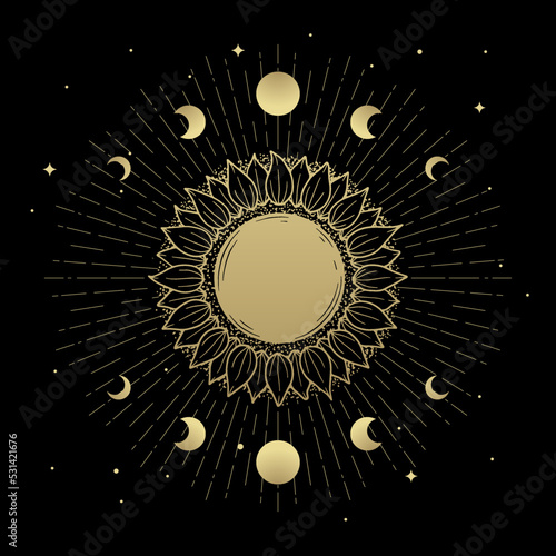 The sun in shape of a flower surrounded by phases of the moon