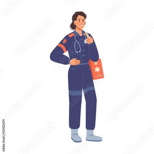 Medical staff, isolated trained paramedic woman with medicine in box. Healthcare and emergency care. Personage or character, vector in flat cartoon style