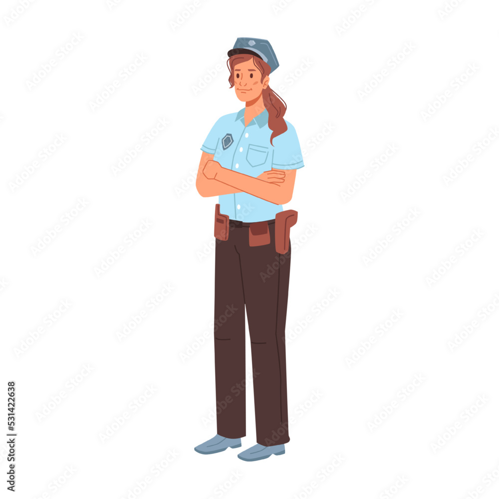 Woman working in police force, isolated policewoman in uniform possessing guns. Serving city, officer. Personage or character, vector in flat cartoon style Woman working in police force, isolated policewoman in uniform possessing guns. Serving city, officer. Personage or character, vector in flat cartoon style