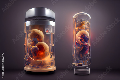 human baby embyo inside incubator breeding tank on gray background, ectogenesis concept, neural network generated art photo