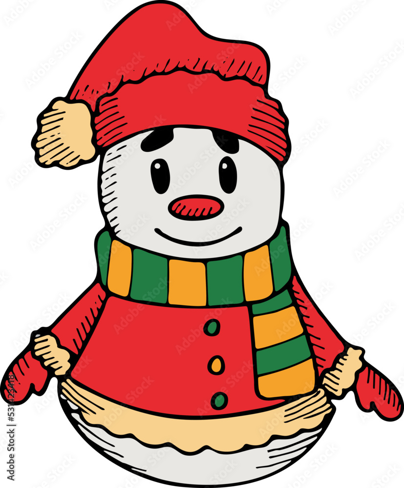 Hand drawn snowman wearing a scarf. Vector illustration, doodle style.