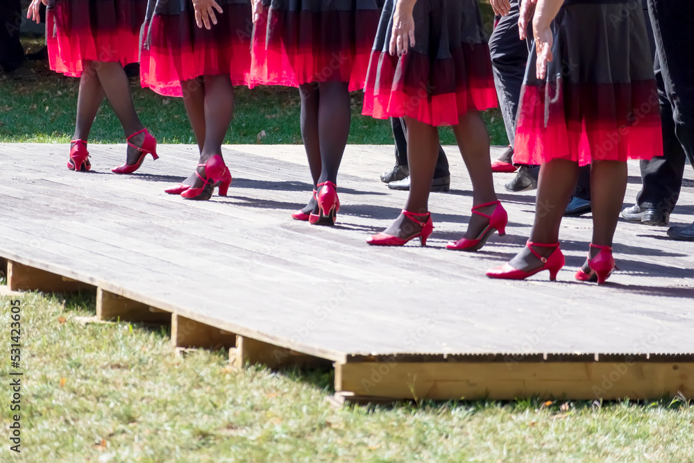 The dance team dances on the light brown stage with pink shoes and black and pink skirts