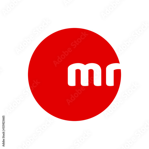 MR company logo in initial letters. MR letters on red dot.
