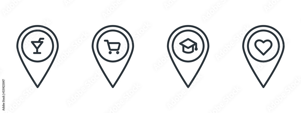 Black linear set of navigation or GPS markers divided into groups. Bar, shops, institutions or schools and favorite or selected spots. Black linear set of navigation or GPS markers divided into groups. Bar, shops, institutions or schools and favorite or selected spots.