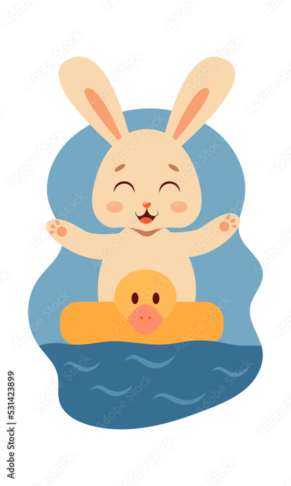 A cute kawaii rabbit swims in the sea or ocean with an inflatable circle in the form of a duckling and rejoices. Vector summer illustration. A cute kawaii rabbit swims in the sea or ocean with an inflatable circle in the form of a duckling and rejoices. Vector summer illustration.