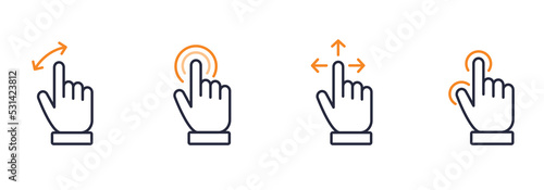 Linear hands gestures for action with touch screen. Tapping, scrolling, pinch and double click action buttons vector icon. 