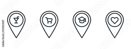 Black linear set of navigation or GPS markers divided into groups. Bar, shops, institutions or schools and favorite or selected spots.