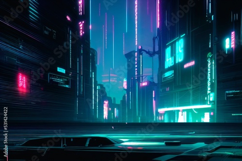 Cyberpunk Industrial Abstract Future Cityscape. Urban Futuristic concept. Blue pink violet Evening urban landscape. 3D illustration.