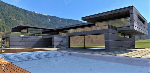 Country villa with a pool in the mountains. Futuristic design facade decoration with aluminum panels. Translucent steps under water. 3d render. © Oleksandr