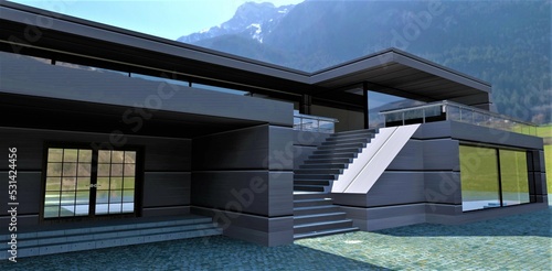 Courtyard of a futuristic estate located at the foot of high mountains. Porch and stairs to the terrace. Finishing the facade with energy-efficient panels based on carbon fiber composite. 3d render.