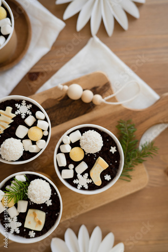 Chocolate pastries in a cup on the table