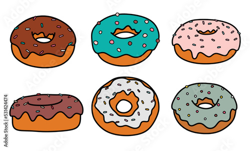 colorful donuts collection. Doodle sketch style.