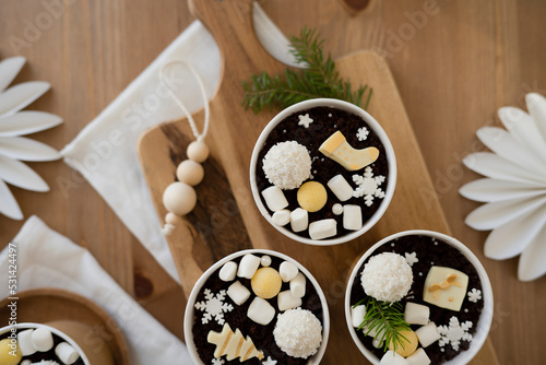 Chocolate pastries in a cup on the table