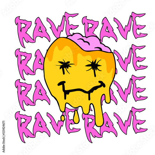 Yellow smile face on background of rave text. Poster for 90s techno party.