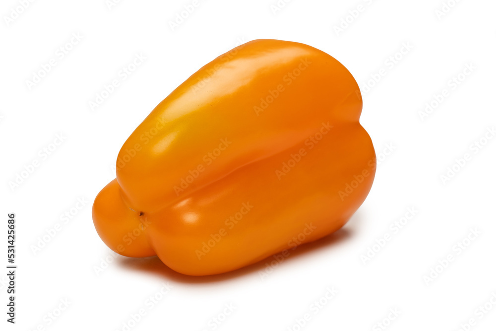 Orange bell pepper isolated on white background. Top view. Copy space. Orange bell pepper isolated on white background. Top view. Copy space.