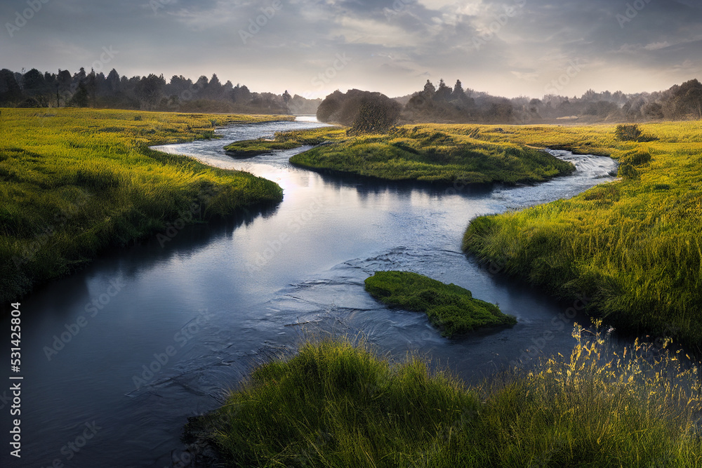 Fototapeta premium 3d illustration of river with flow high grassland River bank reflection