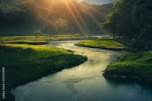 3d illustration of river with flow hi grass sun rays coming down
