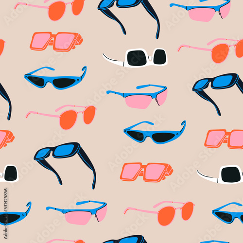 Various Sunglasses. Different shapes, colors. Plastic, metal frames. Hand drawn modern Vector illustration. Summer fashion accessories, sun protection concept. Square seamless Pattern