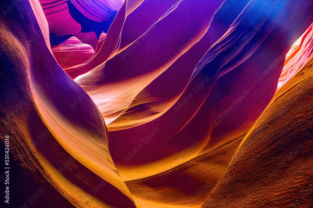Beautiful Antelope Canyon, smooth lines, ray of lights, colorful wall, smooth shadows, nature background, digital illustration, digital painting, cg artwork, realistic illustration, 3d render - obrazy, fototapety, plakaty 