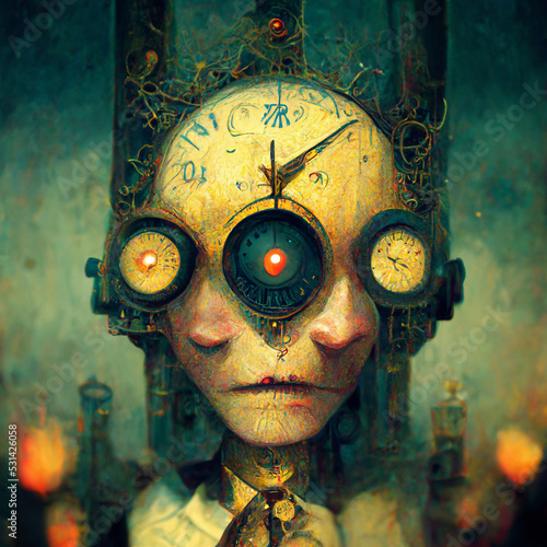 science fiction fantasy: humanoid robotic sundial clock in steampunk style made with generative AI photo