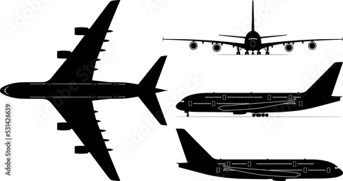 Set of four passenger jetliner illustrations (Airbus A380) isolated on transparent background. 
