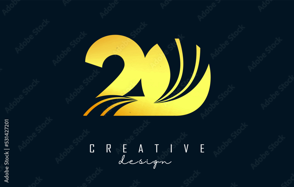 Obraz premium Golden Creative number 20 2 0 logo with leading lines and road concept design. Number with geometric design.