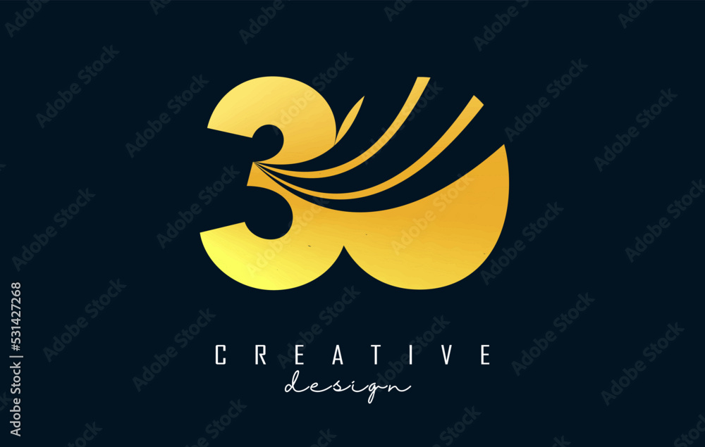 Golden Creative number 30 3 0 logo with leading lines and road concept design. Number with geometric design. Golden Creative number 30 3 0 logo with leading lines and road concept design. Number with geometric design.
