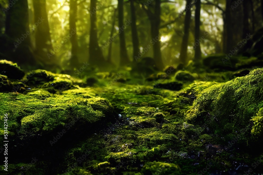 Obraz premium A computer generated illustration of lush green moss on a forest floor with rocks and trees. A.I. generated art.