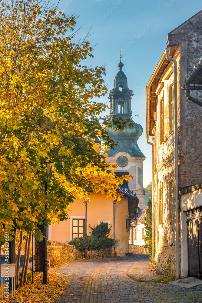 Tower of The Old Castle in Banska Stiavnica at an autumn season, Slovakia, Europe.