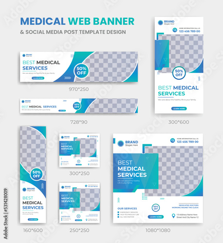 Medical health web banner and social media post template design square and horizontal size