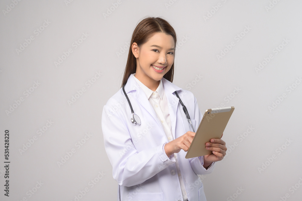 Portrait of female confident doctor over white background studio, healthcare and Medical technology concept. Portrait of female confident doctor over white background studio, healthcare and Medical technology concept.