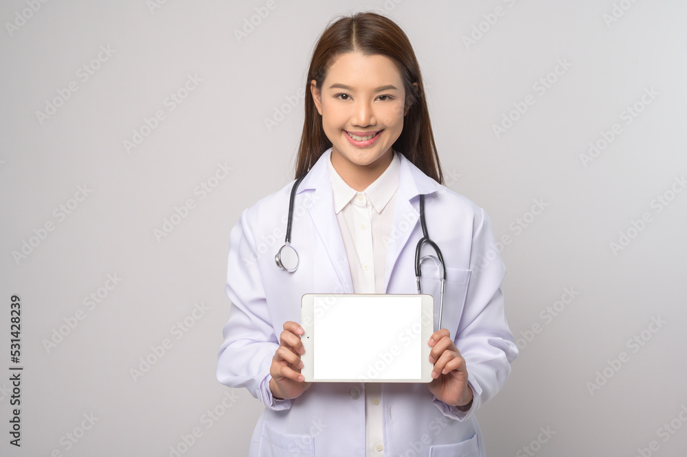Portrait of female confident doctor over white background studio, healthcare and Medical technology concept. Portrait of female confident doctor over white background studio, healthcare and Medical technology concept.